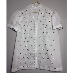 Lee Mar 60s vintage white short-sleeve button-down floral embroidered blouse EUC